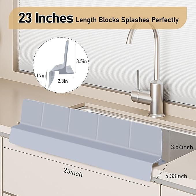 Kitchen Sink Splash Guard 23" Self-Draining Silicone Water Guard with High Splash Wall & Strong Suction Cups for Faucet, Countertop & Sink Edge, Keeps Sinks Dry, Dishwasher Safe (Gray)
