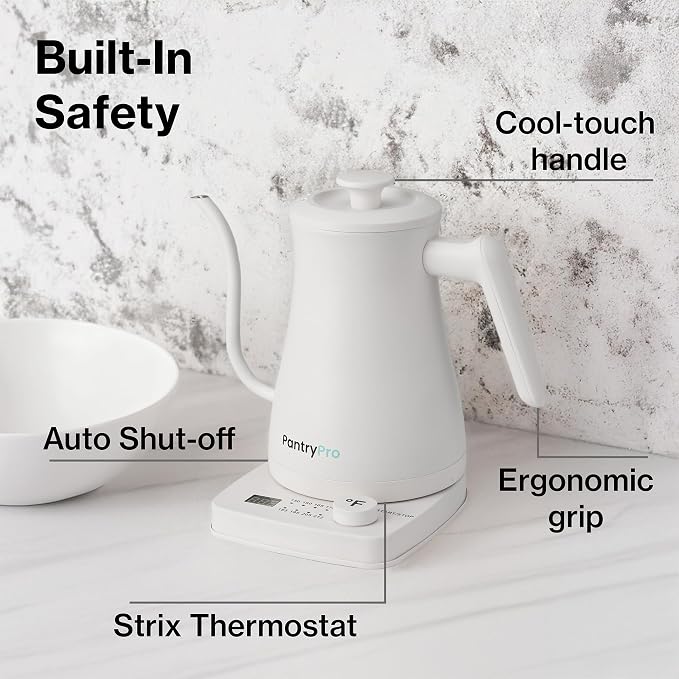 1.0L 1500W Gooseneck Electric Kettle - Stainless Steel Interior - Rapid-Boil - Auto Shut-Off, Boil-Dry Protection, Temperature Control, LED Indicator - White by The Display Guys