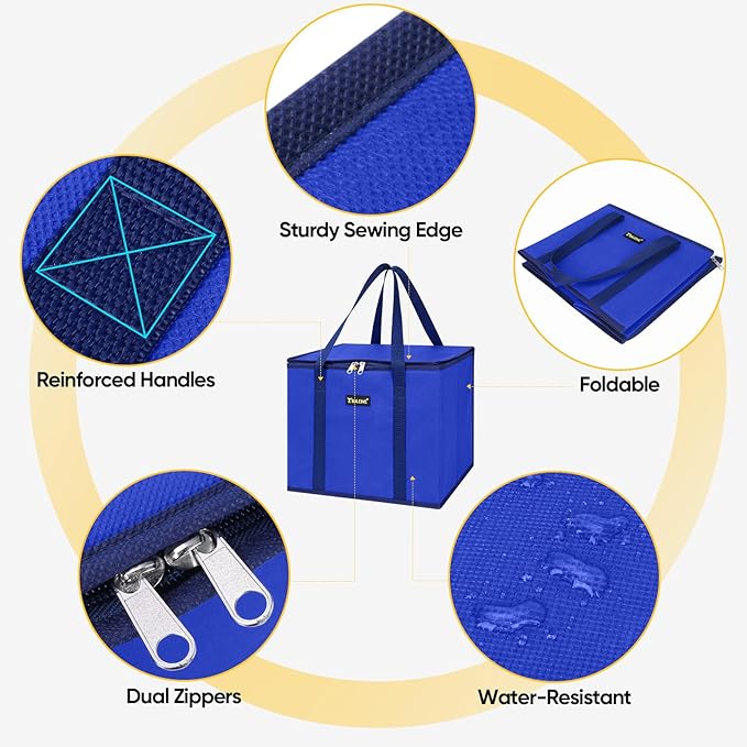 BALEINE 1Pk Insulated Reusable Grocery Bags, Foldable Shopping Bags for Groceries with Reinforced Bottom & Handles (Blue)