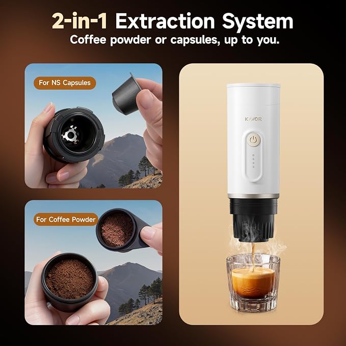 Portable Espresso Machine, 2-in-1 Travel Coffee Maker | 7800mAh battery, hot/cold brew with fast self-heat, for camping RV hiking office, compatible with ground coffee & NS capsules
