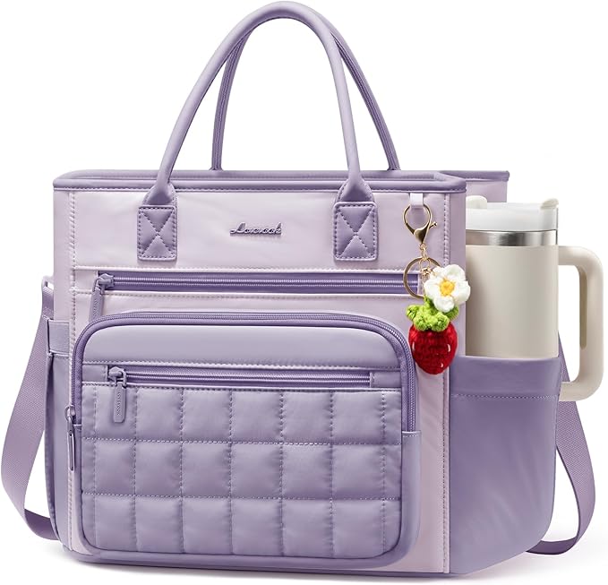 LOVEVOOK Insulated Lunch Bag Women,Puffer Adult Lunch Box for Women with Handmade Strawberry Charm,Wide Opening Leakproof Cooler Bag with Cup Holder for Work Picnic Beach Family College Mom Teacher