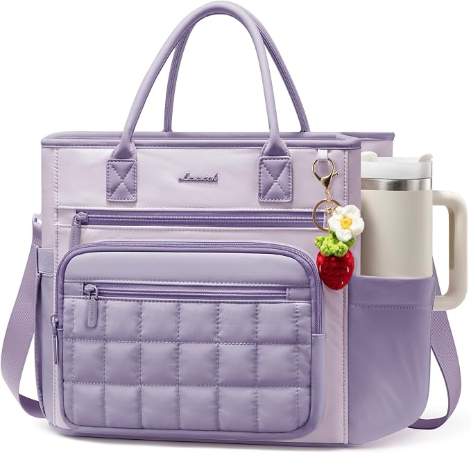 LOVEVOOK Insulated Lunch Bag Women,Puffer Adult Lunch Box for Women with Handmade Strawberry Charm,Wide Opening Leakproof Cooler Bag with Cup Holder for Work Picnic Beach Family College Mom Teacher