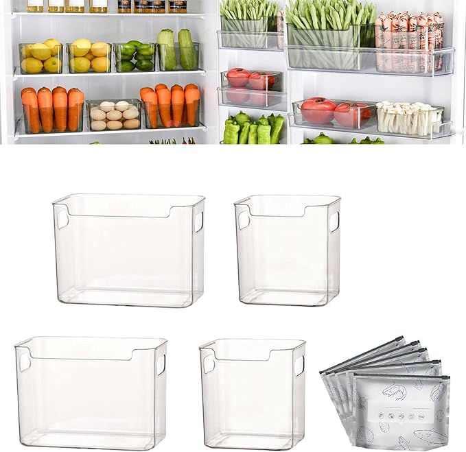 Crystal Clear Freezer Storage Bins - 4 Pack Stackable Freezer Organizer Bins, Clear Plastic Kitchen Cabinet Organizer for Meat, Veggies & Fruit (White, 4pcs-S+L)