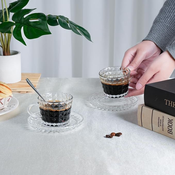 Glass Espresso Shot Cups with Saucers Set of 6, Clear Small Demitasse Cup with Stainless Steel Spoons, Dishwasher Safe Coffee Mugs for Tea Hot Chocolate Cappuccino, 5OZ/150ML, Diamond