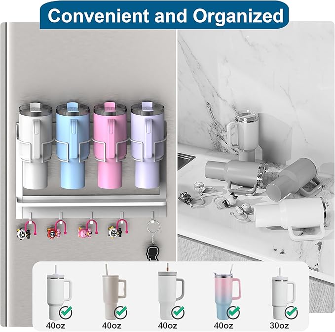 EASTTOWEST Magnetic Cup Storage Organizer Holder for Stanley 30/40 oz Tumbler,Strong Magnetic Rack for Fridge (White, 4CUPS)