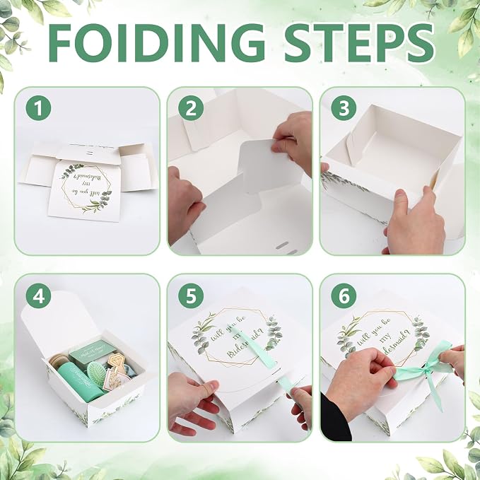 55 Pcs Bridesmaid Proposal Gifts of 6 Sets Maid of Honor Gifts Box Glass Cups Jewelry Box Scrunchies Hair Clips Pen and Invited Cards for Bachelorette Bridal Shower Wedding Party (Green, 6 Set)