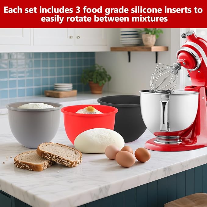 Silicone Bowl Liner for KitchenAid Tilt-Head 5QT Mixers - 3 Liners & 3 Lids Included, Leak-Proof Sealing Design, Easy-to-Replace Food-Grade Silicone Bowls (Not for Bowl-Lift Models)