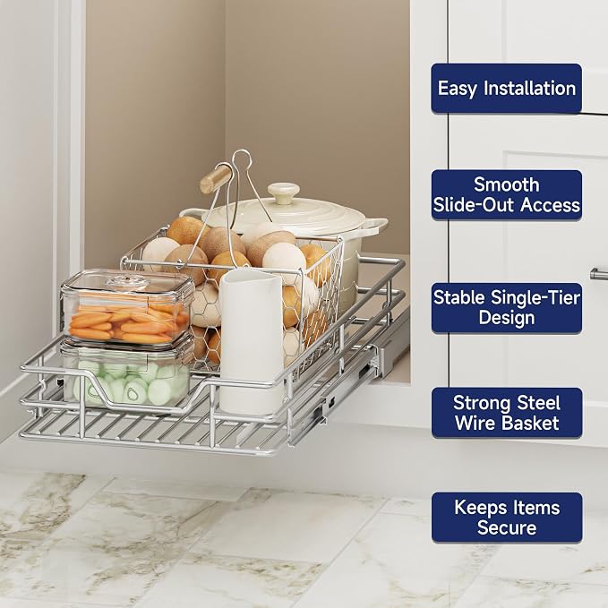 Pull Out Cabinet Organizer, 10.5" W x 21.5" D, Heavy Duty Chrome Slide Out Shelf for Narrow Base Cabinets, Sliding Wire Basket Drawer for Spices, Bottles, Snacks & Cleaning Supplies