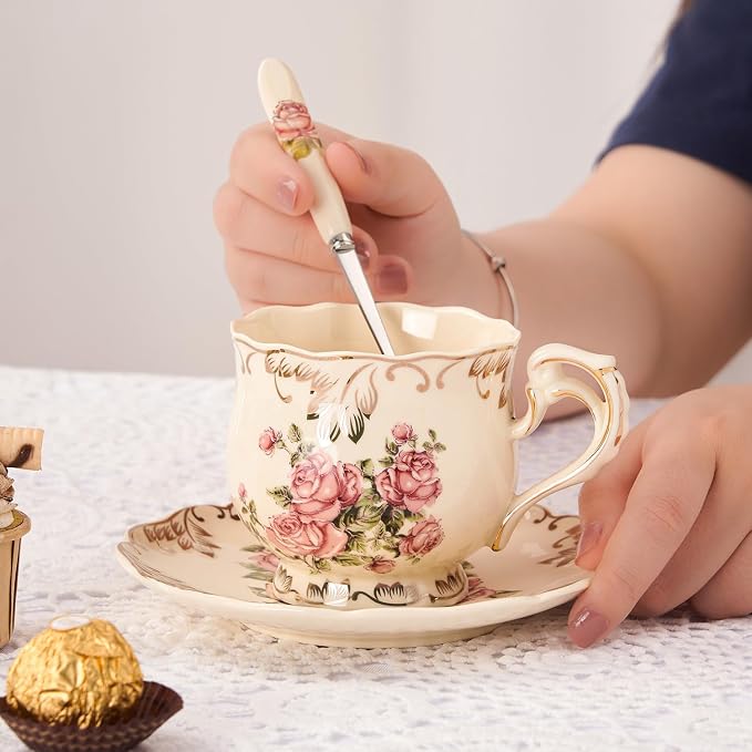 YOLIFE Tea Cups and Saucers Set of 2, Vintage Porcelain Tea Cups Set Floral with Gold Leaves Trim Design - 8 oz (Pink Rose with Gift Box(no stand))