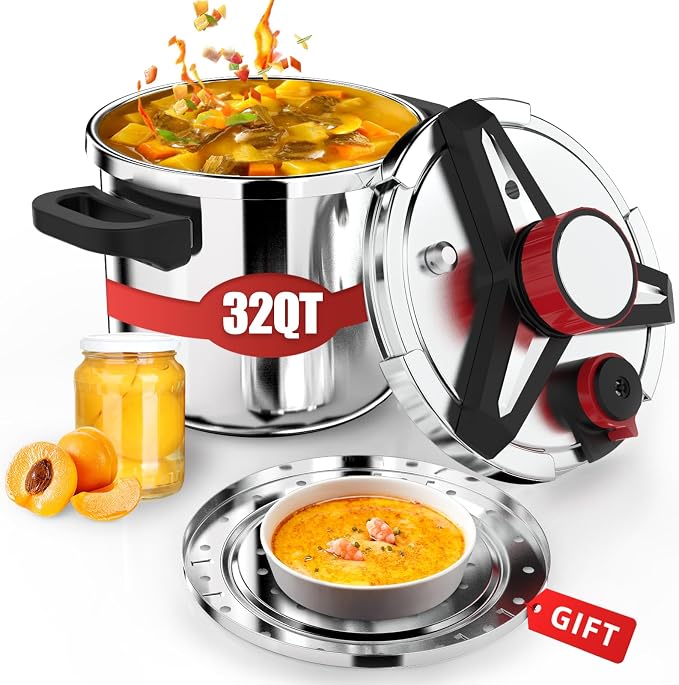 3-In-1 Stainless Steel Pressure Cooker 32 QT: [Save 70% Time] [3 PSI Settings], One-Hand Locking Large Pressure Canner, Induction Compatible, Steamer Rack Included, Olla de Presion 32 Quart, N2