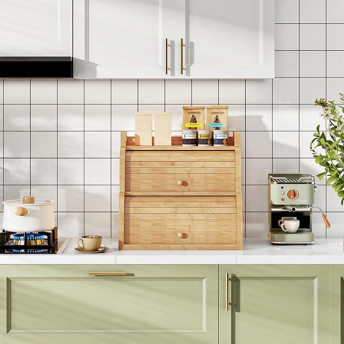 HOOBRO Bread Box, Bamboo Bread Box for Kitchen Countertop, 2-Tier Roll-Top Bread Bin, Food Storage Box, Bamboo Storage Cabinet with Handles, for Kitchen, Dining Room, Natural YL15MB01