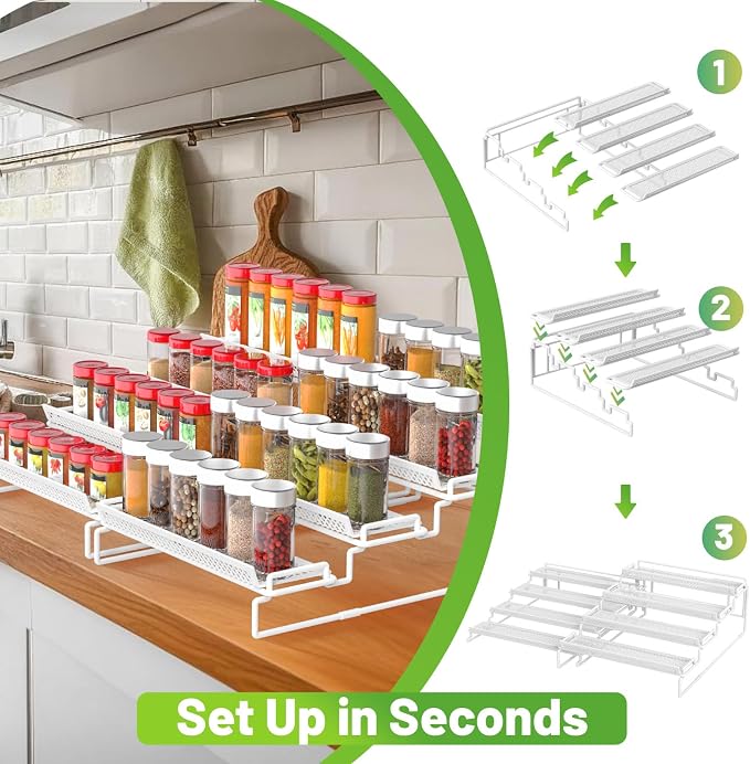 4 Tier Spice Rack Organizer for Cabinet, White (2 PCS S&L) Seasoning Organizer Rack for Inside Cabinets, Countertop, Pantry Storage