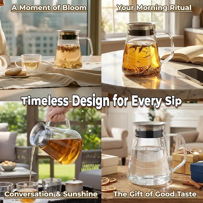 Aquach 51oz Glass Teapot with Filter Lid, Stovetop Safe Tea Pot | Dishwasher Safe, Borosilicate Glass, Integrated Filter Lid, 51oz Sharing Capacity, Stable Wide Base, Pure Plastic-free Taste
