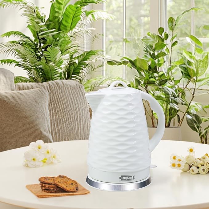 Ceramic electric kettle,1.5L/1000w, white electric tea kettle， Automatic Shut-Off, BPA-Free, Boil-Dry Protection, suitable for coffee, tea, quick boiling, with wave texture design