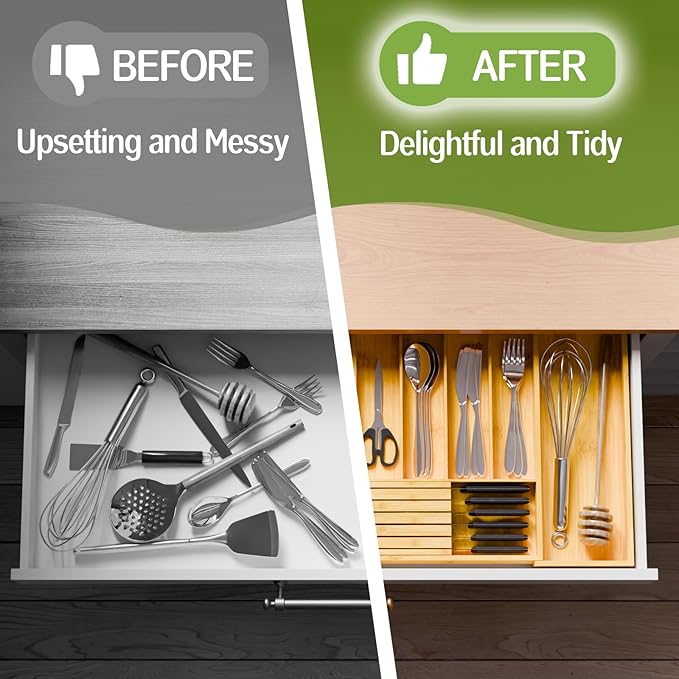 Bamboo Kitchen Silverware Drawer Organizer - Expandable Wood Utensil Holder with Dividers, Luxury Cutlery Storage Tray for Kitchen Utensil and Flatware (5-7 Slots with Removable Knife Block, Natural)
