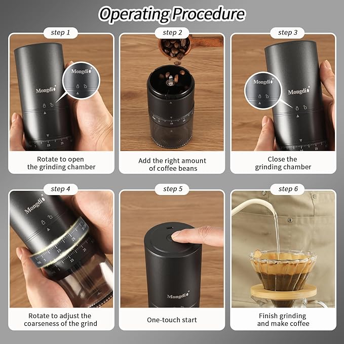 Mongdio Portable Electric Coffee Bean Grinder with 38 Adjustable Settings, Electric Burr Coffee Grinder Stainless Steel Core, For Traveling, Camping, Office, Black