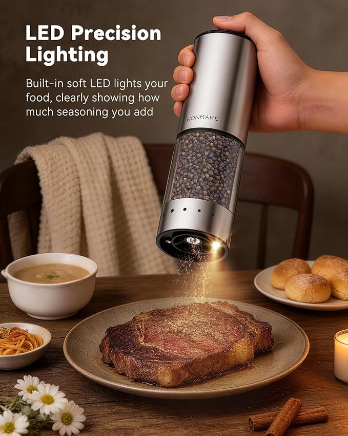 Electric Salt and Pepper Grinder Set, Type-C Rechargeable with LED Battery Level Display, Stainless Steel Salt and Pepper Shakers with Storage Base, Top Button Design, 5 Adjustable Coarseness Levels
