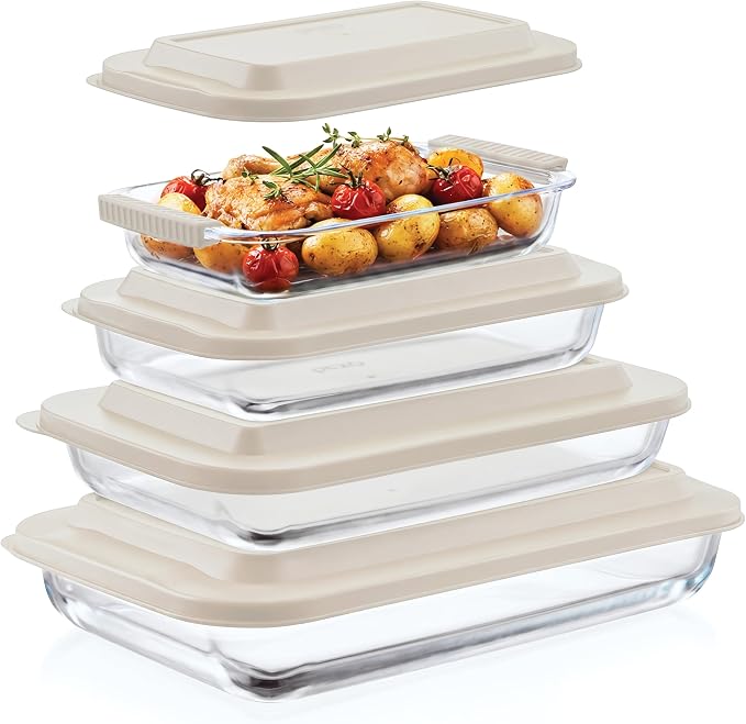 Pexo 8 Piece Glass Baking Dish Set with Plastic Lids, With Silicone Handles for Easy Grip (1.06QT, 1.69QT, 2.32QT, 3.17QT), Clear Glass Casserole Dishes for Oven, Airtight Lids, Glass Bakeware, Freezer, Oven, and Dishwasher safe (White)