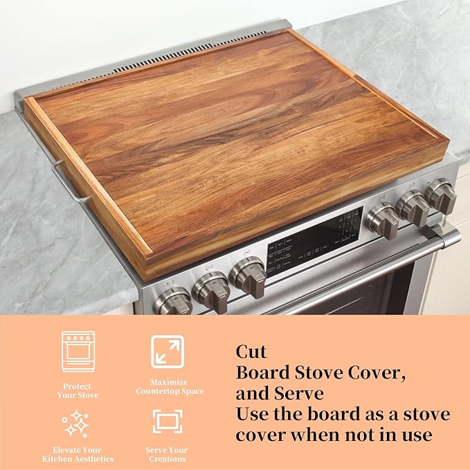 Noodle Board Stove Cover with Handles, Acacia Noodle Board Stove Top Covers for Gas Burners and Electric Stove, RV Stovetop Cover, Serving Tray for Kitchen Counter Space (30" x 22")
