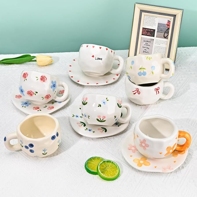 Koythin Ceramic Coffee Mug with Saucer Set, Cute Creative Red Rose Cup Unique Irregular Design for Office and Home, 10 oz/300 ml for Latte Tea Milk