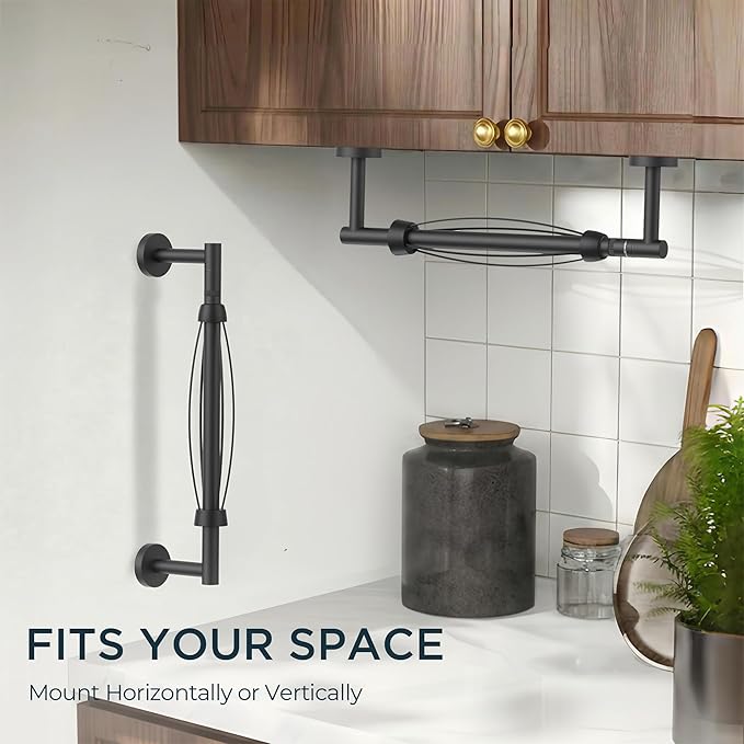 FORIOUS Paper Towel Holder Under Cabinet, SUS304 Wall Mounted Commercial Paper Towel Holder, One-Handed Tear Hanging Paper Roll Holder with Ratchet Mechanism for Kitchen Bathroom Matte Black