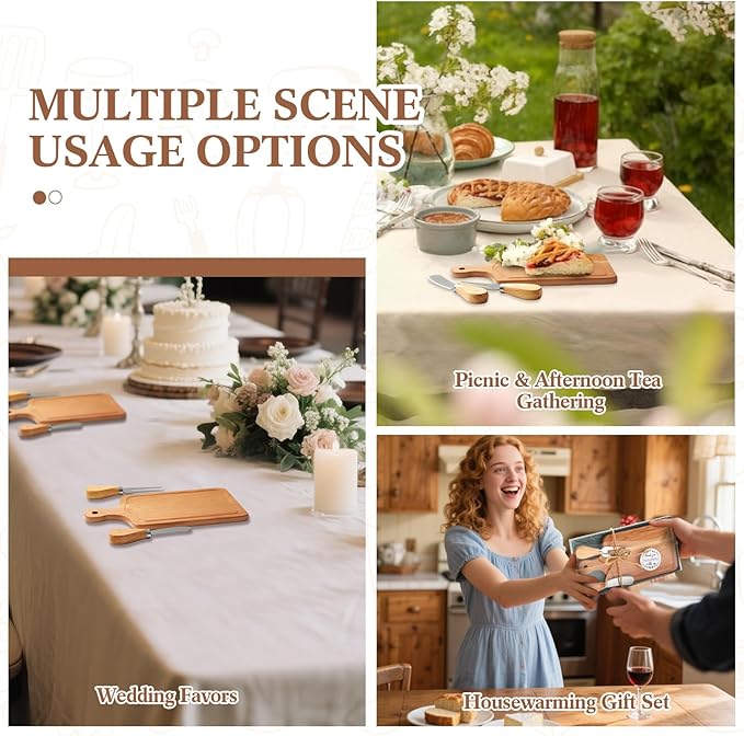 Ziliny 1 Set Bridal Baby Shower Cheese Prizes Wooden Square Board Gift Set Knives Forks Thank You Tags with Box for Guests for Valentines Bridal Baby Shower Housewarming (Cherry Wood)