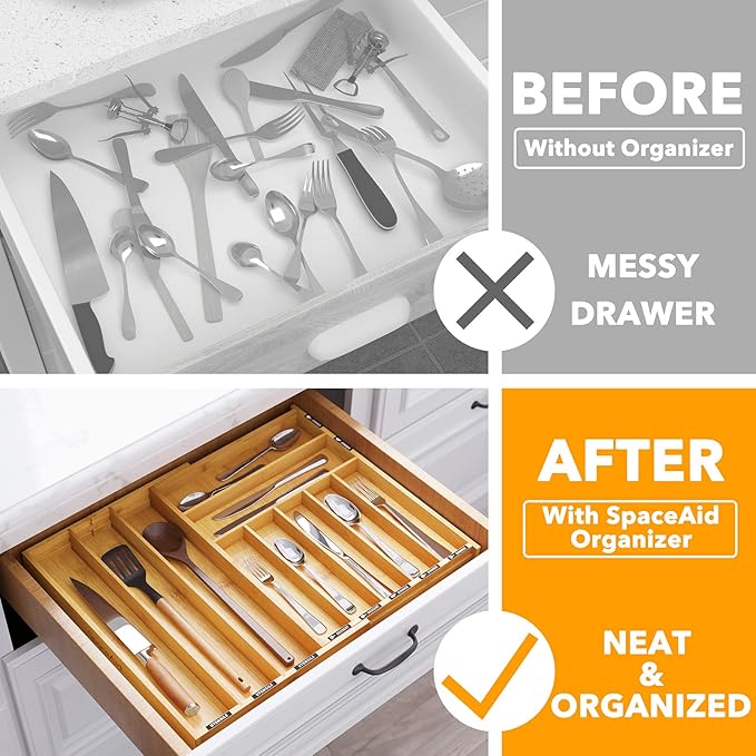 SpaceAid Bamboo Spice Drawer Organizer and Bamboo Silverware Drawer with Labels Kitchen Utensil Expandable Tray Holder Organizer for Flatware