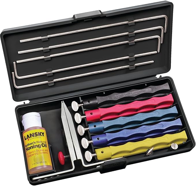 Lansky Deluxe Knife Sharpening System: 5-Stone Ceramic Knife Sharpener Kit with Honing Oil - LKCLX