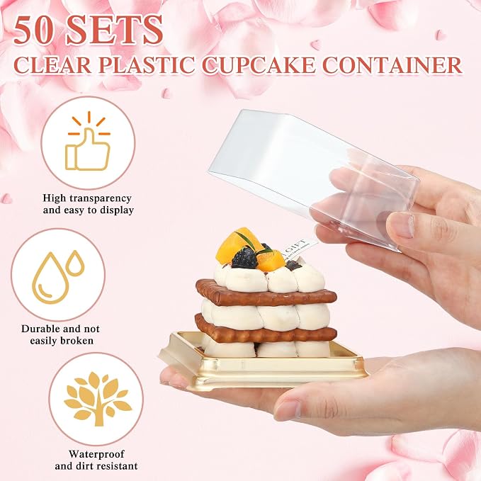 Honeydak Clear Cake Containers Mooncake Boxes with Lids, Wedding Dessert Cupcake Box with Forks, Thank You Tags Eucalyptus Leaves, Mini Cake Packaging for Wedding Favors Birthday Party(Gold,100 Sets)