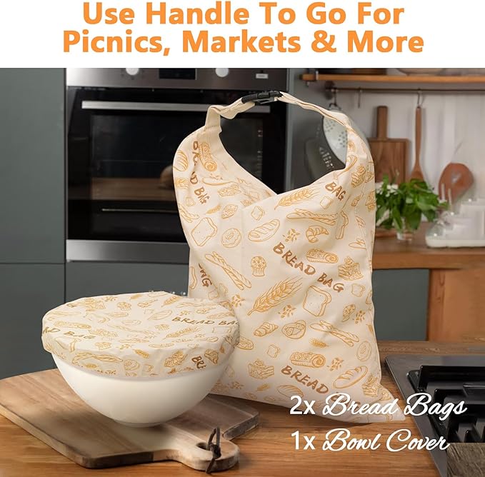 Reusable Pure Beeswax Bread Bags for Sourdough, Polyester Beeswax Dough Bags, 2 Packs Homemade Bread Storage and Bowl Cover