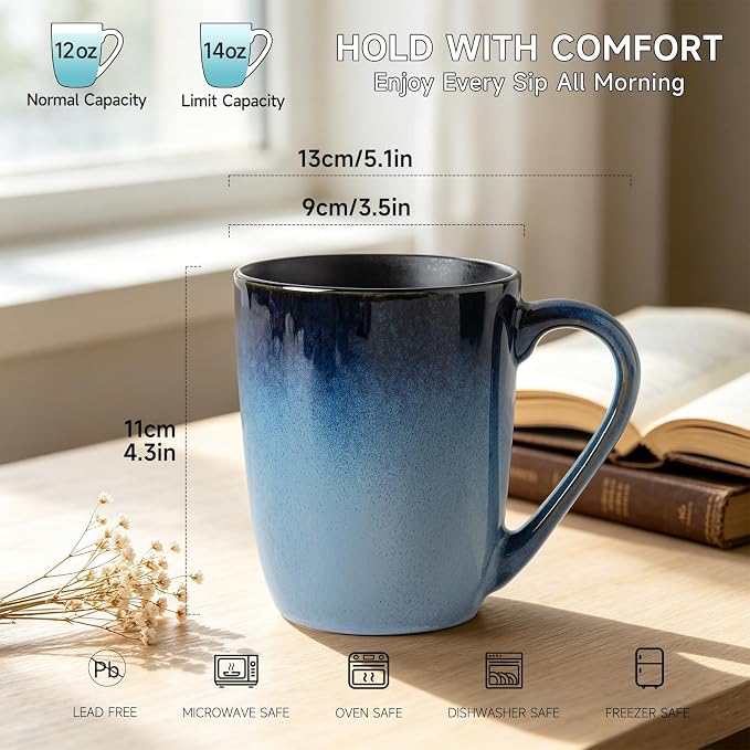 MONITO Large Ceramic Coffee Mugs Set with Handle for Tea/Latte/Cappuccino/Milk/Cocoa, Ice-Snow Blue 14oz, Set of 6, Funny Tea Cups for Office and Home