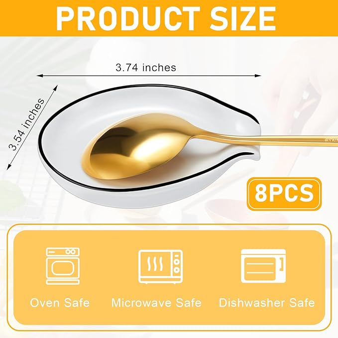 Irenare 8 Pcs Ceramic Spoon Rest for Stove Top, 3.74 Inch Porcelain Spoon Holder, Coffee Utensil Rest Heat Resistant Dishwasher Safe for Home Kitchen Accessories Gift(Black Edge)