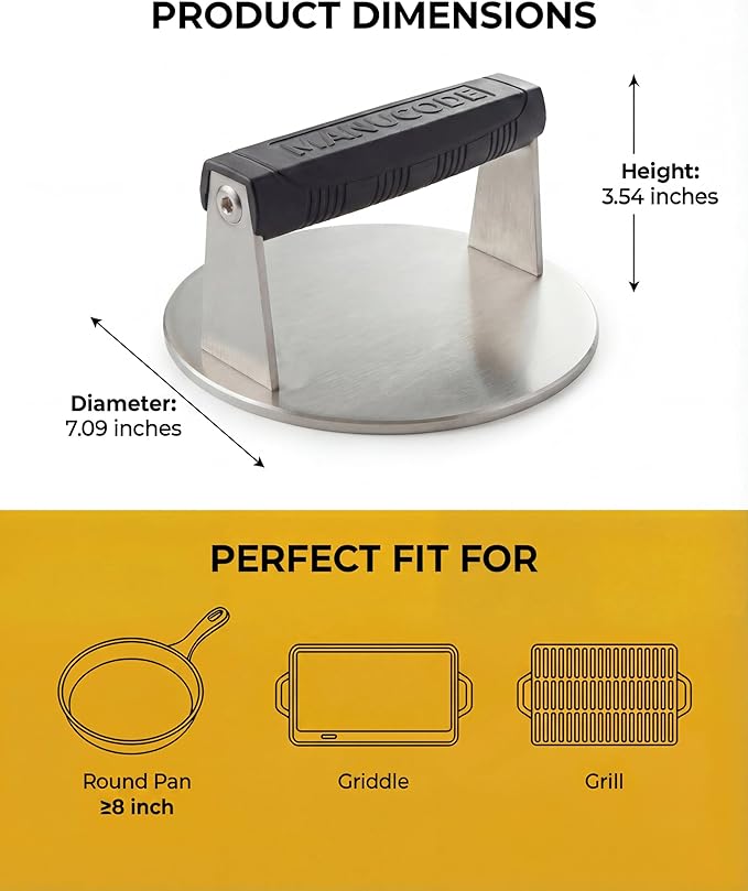 Stainless Steel Burger Smasher 2.70 LB – 7 Inch Steak Weight for Smash Burgers, Bacon, Sandwiches | Dishwasher Safe, Preheatable Protein Press with Silicone Handle | Commercial BBQ Tool