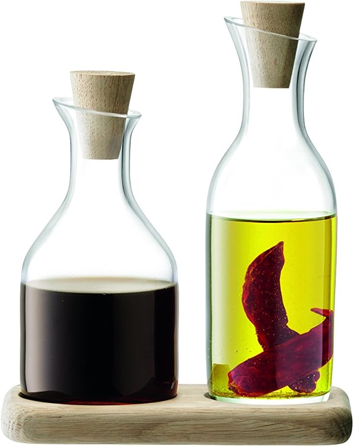 LSA International Serve Oil and Vinegar Set with Oak Base, Glass, Clear, 15 cm