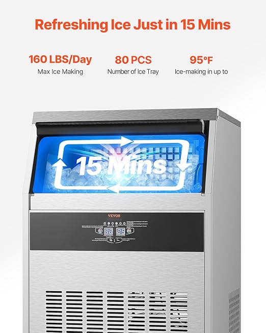 VEVOR Commercial Ice Maker Machine, 160lbs/24H Ice Maker Machine with 66lbs Storage Capacity, 80 Ice Cubes in 15 Minutes, LED Digital Display Freestanding Self-Cleaning for Bar Office Restaurant