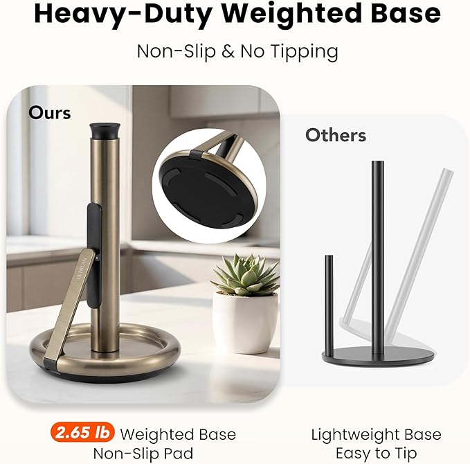 Ultrean Paper Towel Holder with Spray Bottle, Countertop Freestanding Paper Towel Dispenser with Spring-Loaded Tension Arm for One-Handed Tear, Weighted Non-Slip Base, Stainless Steel for Kitchen,Gold