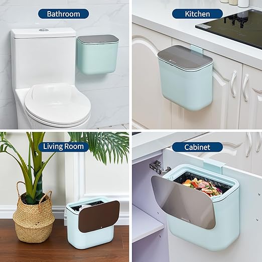 Hanging Kitchen Trash Can with Lid - 1.8 Gallon Small Compost Bin for Cabinet Door, Under Sink - Odor-Sealing Stainless Steel Top Food Waste Bin for RV, Bathroom, Office - Indoor Recycling Bin