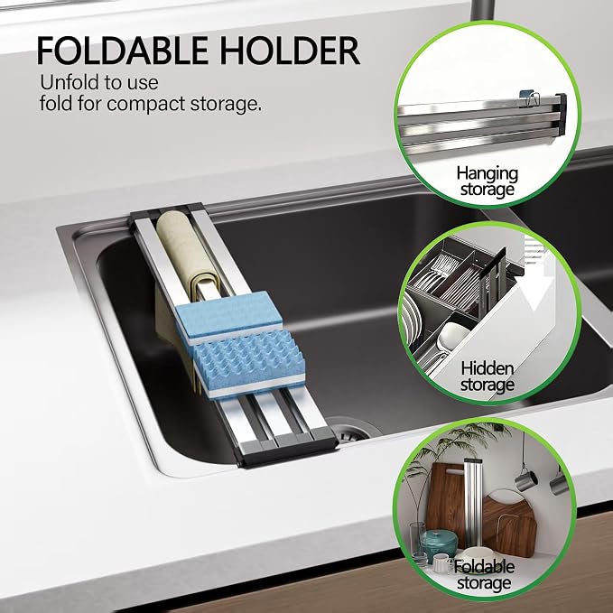Over the Sink Kitchen Dish Drying Rack Organizer - Stainless Steel Collapsible Non-Slip Space-Saving [23.26 * 12.8IN] - Rust-Resistant Heat-Resistant Sturdy - Easy to Clean