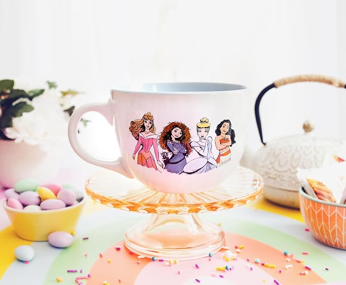 Silver Buffalo Disney Princess Tiana Ceramic Soup Mug, 24oz | Belle, Ariel, Mulan, Jasmine, Aurora, Merida, Cinderella, Moana, Courage to be Kind artwork, Includes large handle