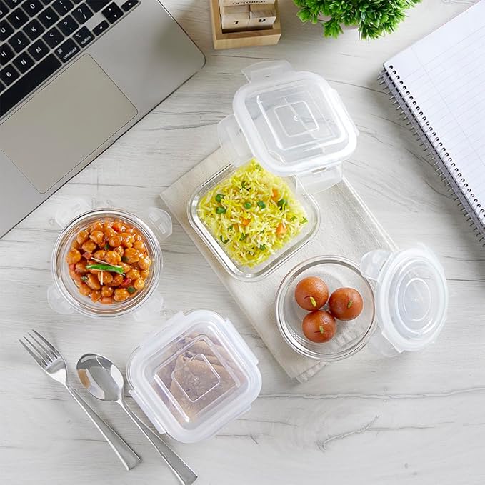 Borosil Blue Universal Glass Lunchbox 320 ml x 2 (+) 240 ml x 2