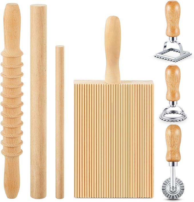 Tioncy 7 Pcs Pasta Making Tool Set Kitchen Gift for Mom, Wood Gnocchi Board with Ravioli Stamp Ravioli Maker Rolling Pin Gnocchi Garganelli Ltalian Pasta Tools for Beginners Mother's Day Home Cooks