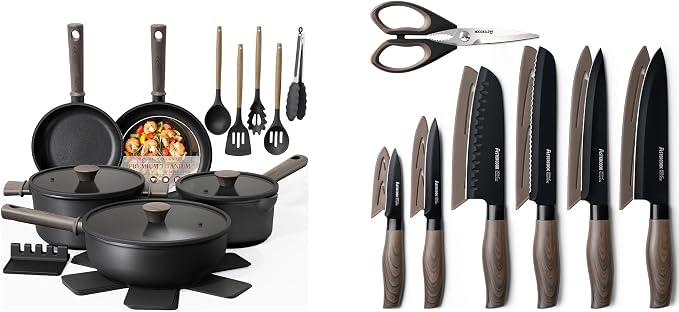 Astercook Non Stick Pots and Pans Set Healthy Non-Toxic Titanium Induction Kitchen Cookware Sets and Astercook 13-Piece Kitchen Knife Set with Black Anti-Rust Coating Stainless Steel Chef Knives Set