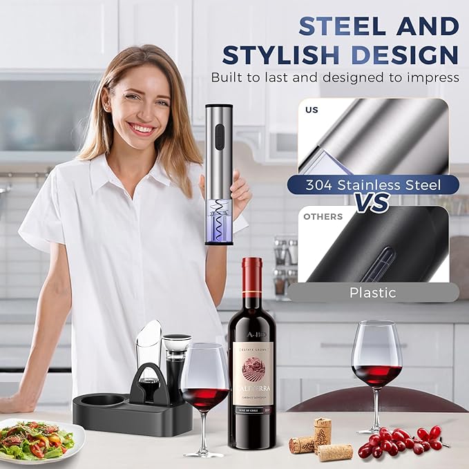 6-in-1 Electric Wine Opener, Battery Operated Automatic Wine Opener with Foil Cutter, Aerator, Vacuum Stopper & Base, One-Touch Operation, Stainless Steel, Sliver, Perfect for Home Bar, Gifts, Outdoor