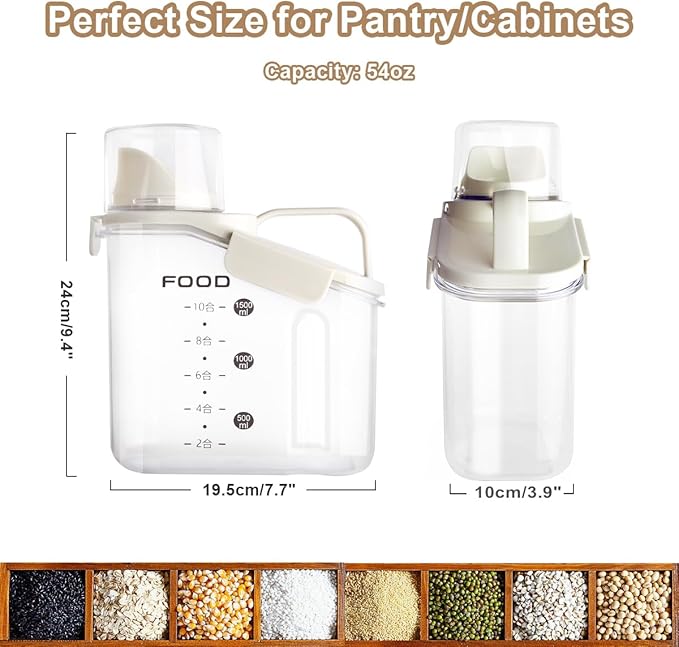 LANGMINGDE 3 Pieces Cereal Containers Storage, 51fl.oz/1.5L Compact Crystal Clear Dry Food Storage Containers with Pouring Spout Measuring Cup for Rice Nuts Beans Pet Food Snacks Candies, 3PCS