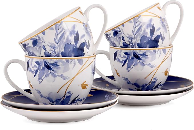 STP GOODS Teacup & Saucer Set of 4, Coffee Cups, Coffee Mugs, Espresso Cups, Tea Cup Set with Saucer, Latte and as a Gift (Mizuki)