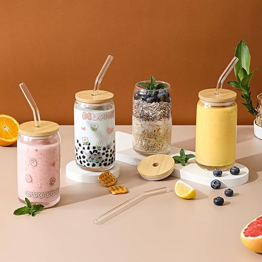 VITEVER [ 20pcs Set ] Glass Cups with Bamboo Lids and Glass Straw - Beer Shaped 16 oz Iced Coffee Drinking Glasses, Cute Tumbler Cup for Smoothie, Boba Tea, Whiskey, Water