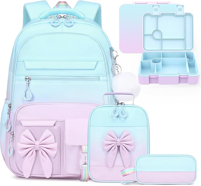 DIGOBAY Girls Backpack - Kids Bento Box Set with Insulated Lunch Bag, Cutlery and Pencil Case, 6 Leak-Proof Compartments, Removable Tray for Girls, Teens School Picnic (Blue-Purple)