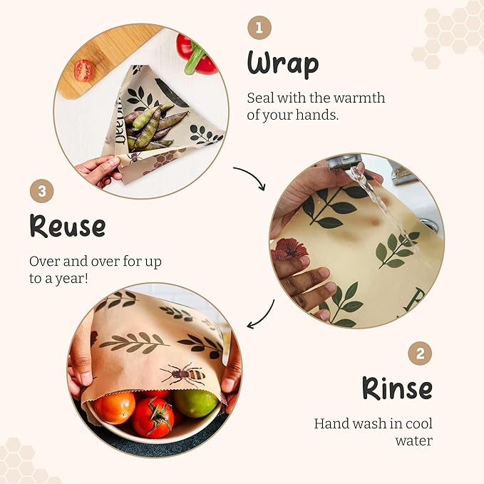 BeePure Reusable Beeswax Food Wrap - Eco-Friendly, Sustainable Wrap Roll (15"x80") - Plant & Bee Pattern for Food Storage