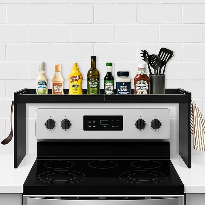 Over The Stove Shelf, Wood Stove Top Shelf,31.5" Stove Top Organizer Shelves with 6 Hooks,11.5" Height Over Stove Spice Rack for Kitchen, Black