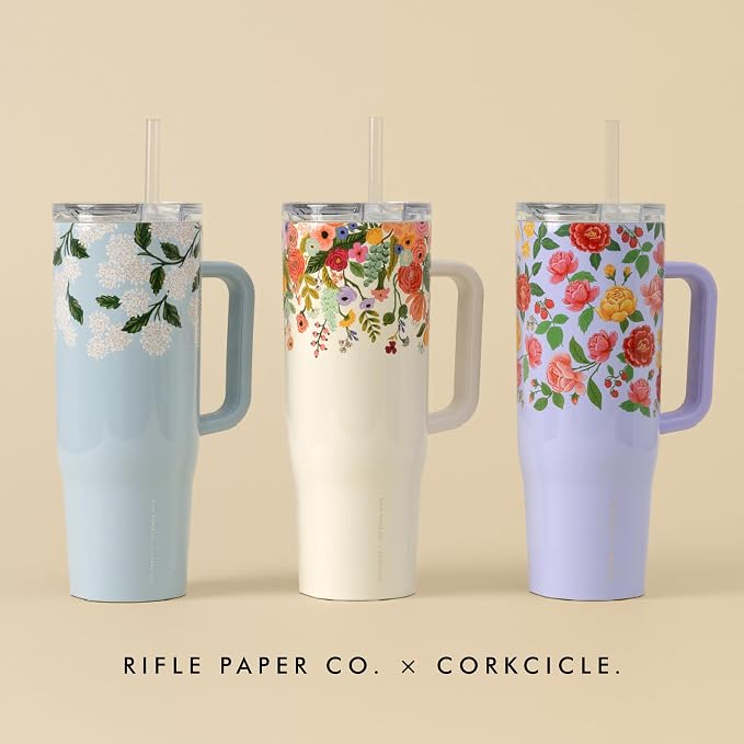 Corkcicle x Rifle Paper Co. Cruiser Insulated Tumbler with Handle & Straw - Keeps Drinks Cold 20 Hours - BPA-Free - 40 oz - Gift for Mom - Great for Mother's Day or Christmas - Gloss Blue Hydrangea